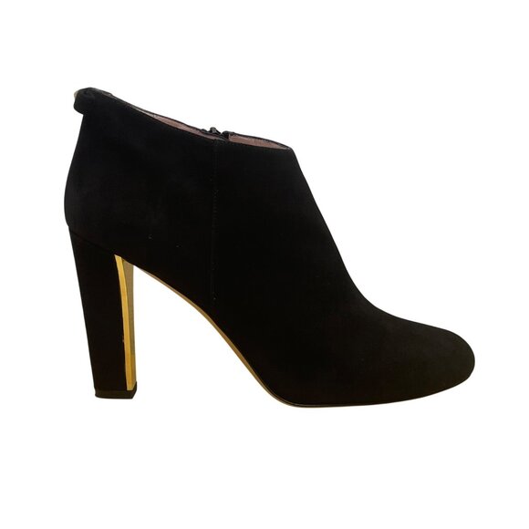 Kate Spade Women’s Black Suede Gold Accent High Heel Netta Ankle Booties Sz 10B - Picture 1 of 9
